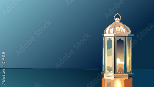 A golden lantern on a reflective surface blue
