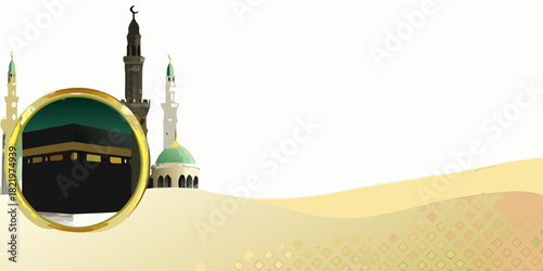 Illustration of kaaba with mosque and sand dunes