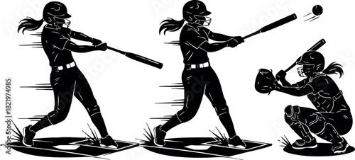 Female softball player hitting ball with catcher in silhouette vector illustration