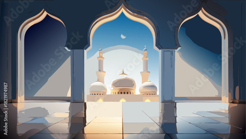 View of mosque through arched openings at daytime