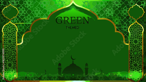 Green islamic themed frame with mosque silhouette