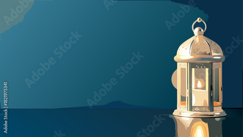 Decorative lantern with candle on blue background