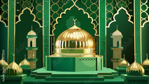 Illustration of a mosque with golden dome and green