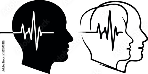 Mental health concept with brainwave pulse inside human head outlines