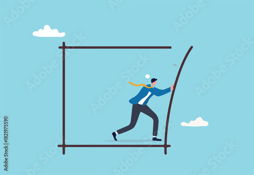Pushing limits challenge yourself to overcome boundary, effort and strength to push over limit, attitude to success, get out of comfort zone for freedom, businessman pushing to break boundary box.