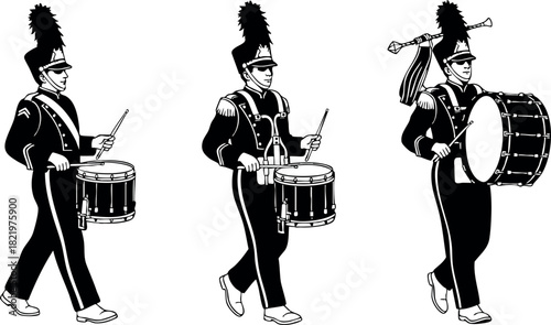 Marching band drummers playing snare and bass drums in uniform illustration