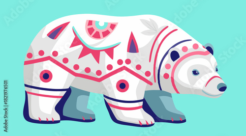 Decorative polar bear for winter holidays designs, side view, removable vibrant background