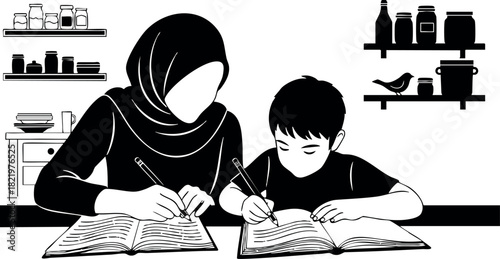 Mother and son studying together in kitchen vector illustration