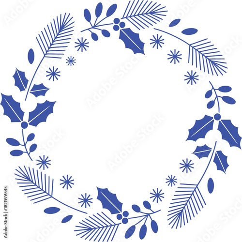 Blue Christmas wreath with pine needles holly and snowflakes