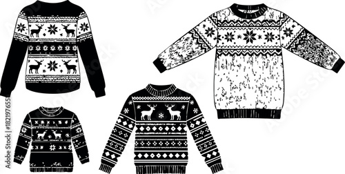 Black and white christmas sweater vector set with reindeer and snowflake patterns