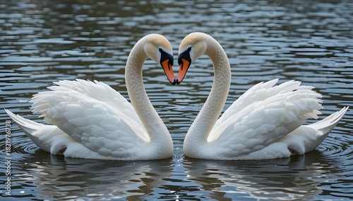 a pair of swans swim on water surface their necks and beaks become in shape of a heart