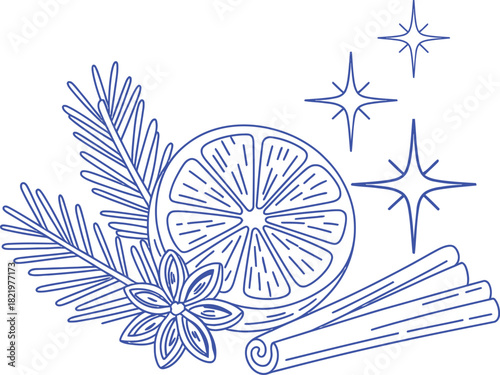 Blue line art of orange slice star anise cinnamon sticks and pine sprig