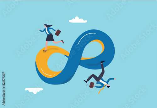 Business cycle, infinity routine job or career path, competition to success or working process loop, impossible illusion concept, businessman and businesswoman running on never ending infinity loop.