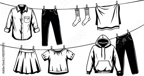 Clothes hanging on lines with shirts pants socks skirt and hoodie vector illustration