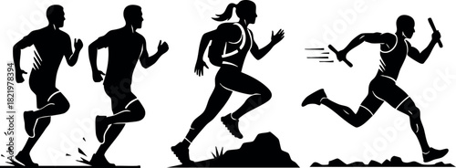 Silhouette runners jogging and sprinting with baton in relay race