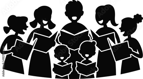 Black silhouette of a diverse group of people singing from books