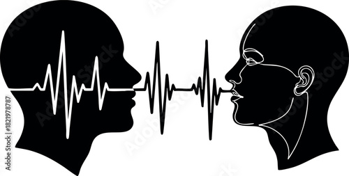 Human communication concept with heartbeat wave between two heads silhouette
