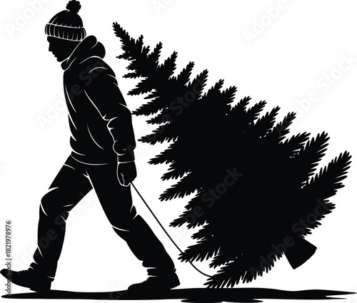 Silhouette man pulling christmas tree with rope vector