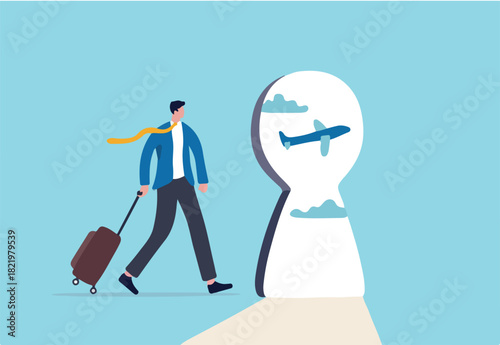 Air travel and tourism hope to return after COVID-19 Coronavirus outbreak concept, businessman traveller with luggage walk in the airport looking at keyhole with flying airplane outside.