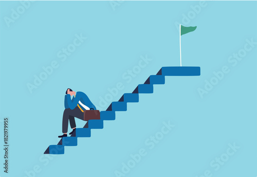 Fear of failure, anxiety or stressed, negative emotion in career development, afraid of progress forward or middle life crisis concept, depressed businessman sitting alone on stairway to success goal