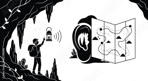 Adventurer with lantern and map explores a mysterious cave with crystals and stalactites silhouette