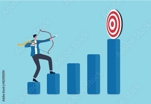 Business challenge to achieve higher target, ambition and aspiration to improve or aiming for success goal concept, confidence businessman aiming his bow arrow to top of high performance target
