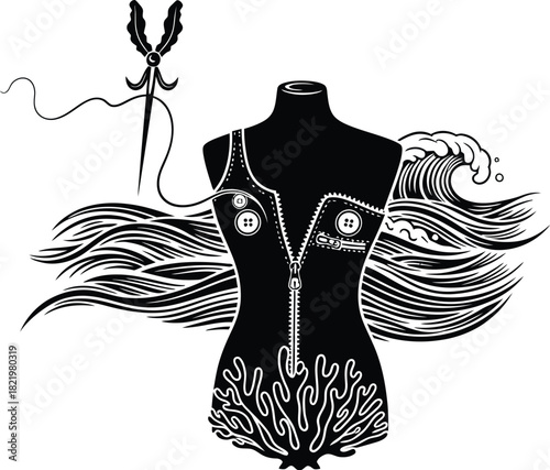 Creative fashion design concept with a mannequin waves coral needle thread and scissors silhouette