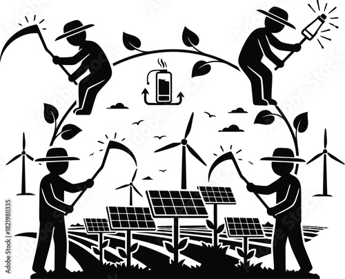Farmers harvesting renewable energy from solar panels and wind turbines in a stylized silhouette landscape