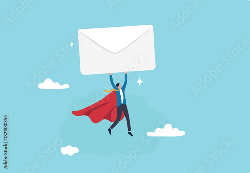 Email communication, marketing campaign from subscription, sending message or information concept, businessman superhero carrying big email envelope flying to recipient address.