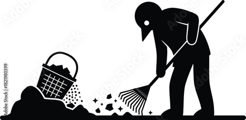 Gardener silhouette raking soil and debris from a tipped basket silhouette