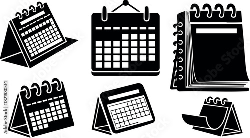 Black silhouette calendar icons collection with different styles and orientations