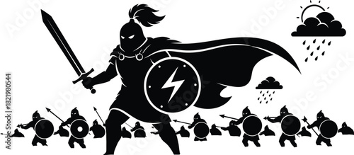Heroic spartan warrior leading an army into battle with sword and shield silhouette