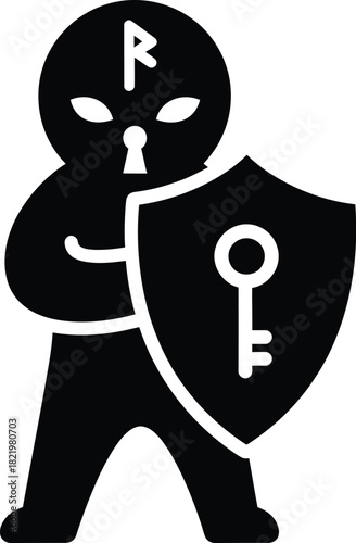 Mysterious figure with a rune and keyhole on its mask holding a shield with a key silhouette