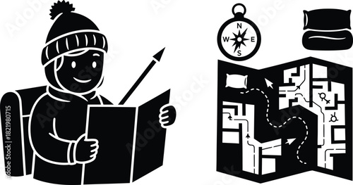 Person in winter hat reading a book next to a map and compass with a pillow silhouette