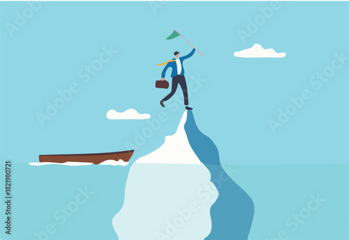 Success iceberg illusion, only success story visible, risk or failure hidden underwater, achievement or leadership concept, success businessman holding flag at peak of iceberg above hidden danger.