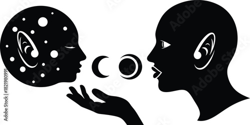 Two abstract human profiles in silhouette exchanging celestial bodies and thoughts with a hand silhouette