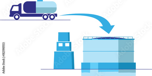 Efficient fuel delivery with tank truck unloading into storage tanks, showcasing industrial logistics and supply chain management, a modern vector style