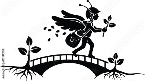 Whimsical winged child with backpack and plant crossing a bridge with saplings silhouette