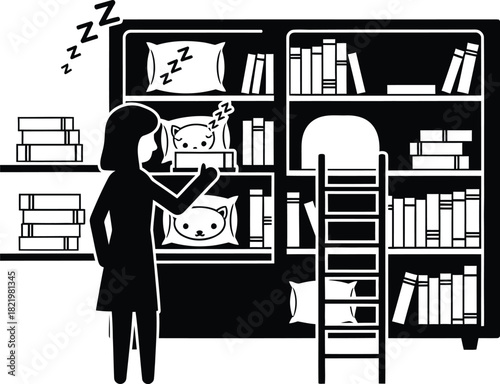 Woman in silhouette reaching for sleeping cat pillows on bookshelf with ladder and books silhouette