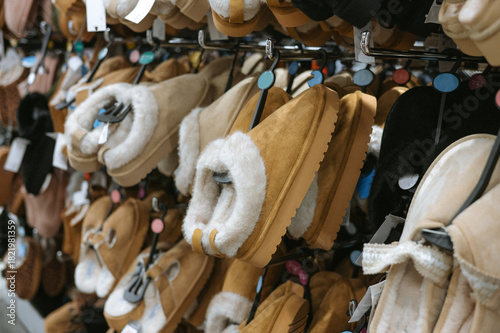 Cozy sheepskin slippers displayed in store with various color options