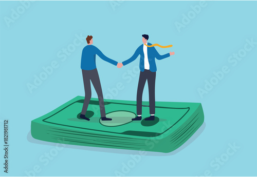 Salary negotiation, pay raise discussion or wages and benefit agreement, business deal or merger and acquisition concept, business people handshake on pile of money banknote after finish agreement.