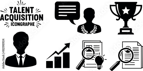 Talent acquisition icons with business silhouette trophy and growth chart