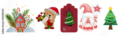 Cute christmas illustrations: house, bear with stocking, gift tag, gnome, and decorated tree.