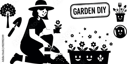 Woman gardening with plants flowers garden diy tools vector illustration