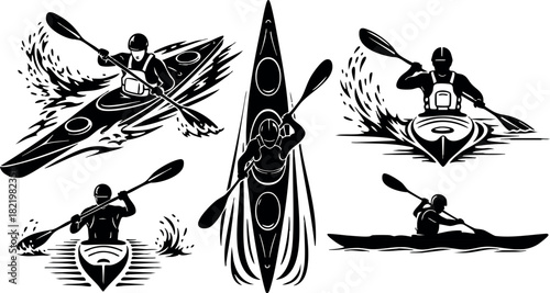 Kayaking silhouette set with paddlers in action on water waves