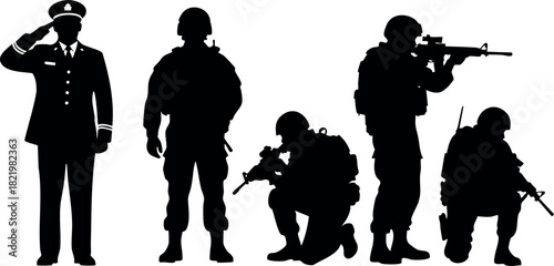 Silhouettes of military soldiers and officer saluting vector illustration