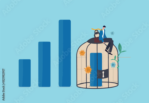 Economic impact by COVID-19 lockdown, GDP and company revenue decrease from global Coronavirus crash concept, sad businessman sitting on bird cage lock with decline bar graph inside and virus pathogen