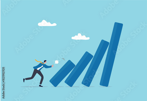 Small tiny habits to change or increase productivity, efficiency or improvement, easy way to win business success or make a big impact concept, businessman pushing tiny domino to make bigger one fall.