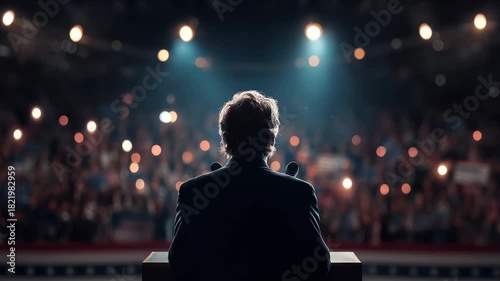 Crowd gathers to hear speaker at political event with bright lights and enthusiastic supporters