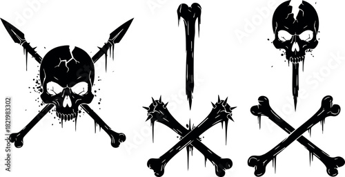 Gothic skull and crossed bones tattoo vector set
